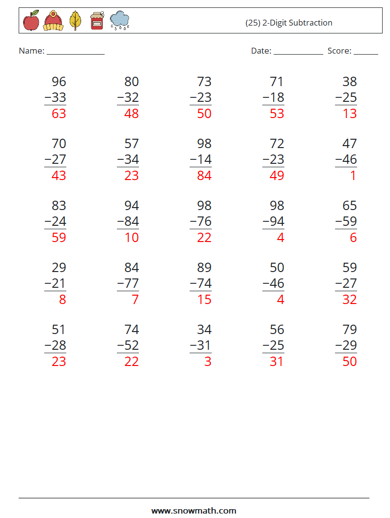 (25) 2-Digit Subtraction Math Worksheets 12 Question, Answer