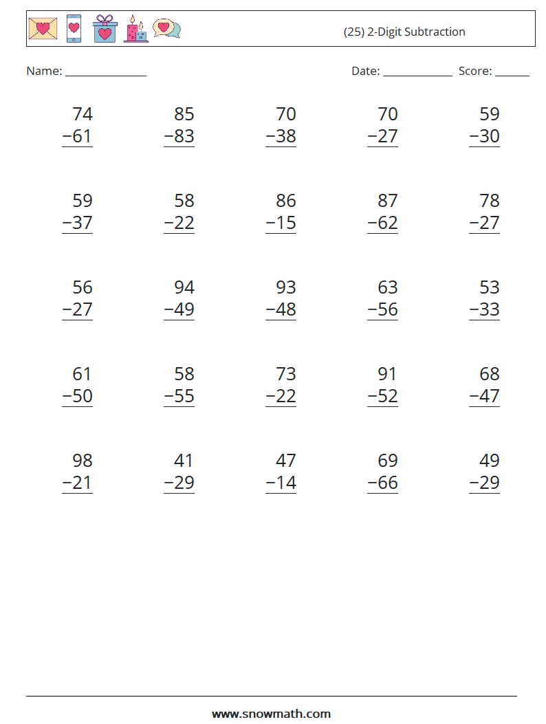 (25) 2-Digit Subtraction Math Worksheets 13