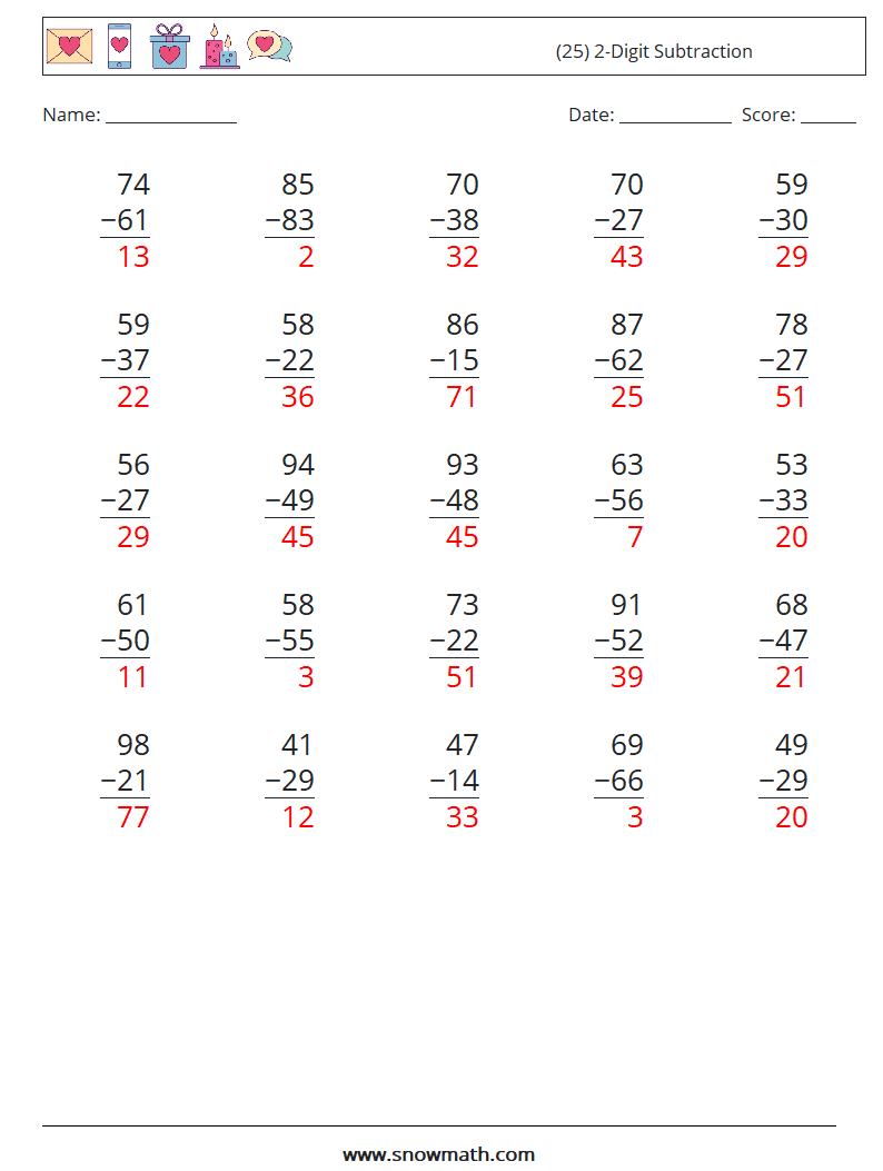 (25) 2-Digit Subtraction Math Worksheets 13 Question, Answer