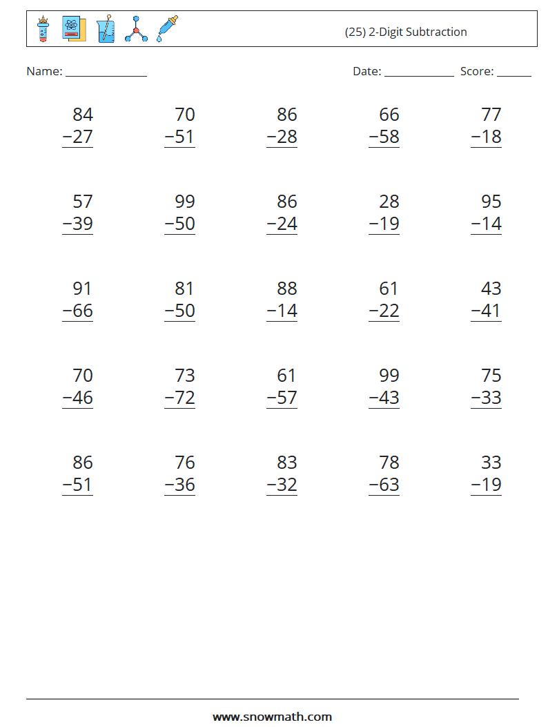 (25) 2-Digit Subtraction Maths Worksheets 14