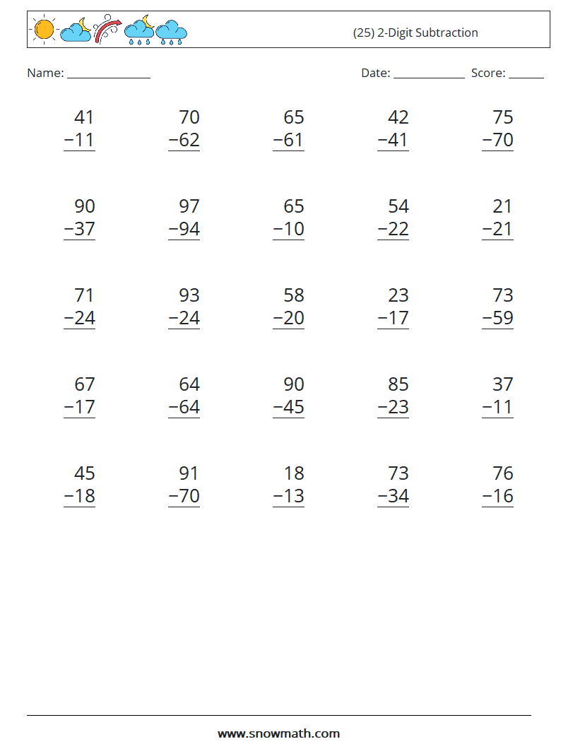 (25) 2-Digit Subtraction Math Worksheets 15