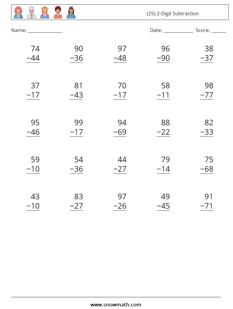 (25) 2-Digit Subtraction Math Worksheets 16