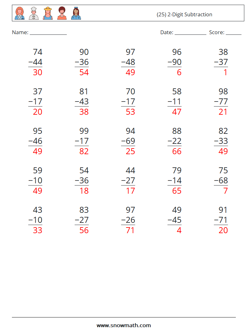 (25) 2-Digit Subtraction Math Worksheets 16 Question, Answer