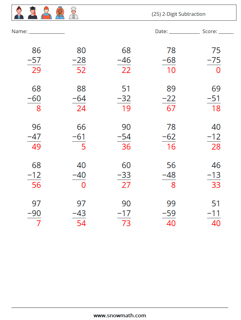 (25) 2-Digit Subtraction Math Worksheets 17 Question, Answer