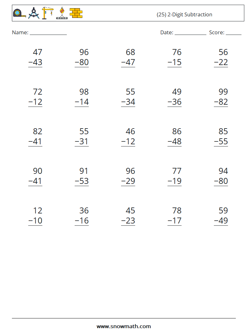 (25) 2-Digit Subtraction Math Worksheets 18