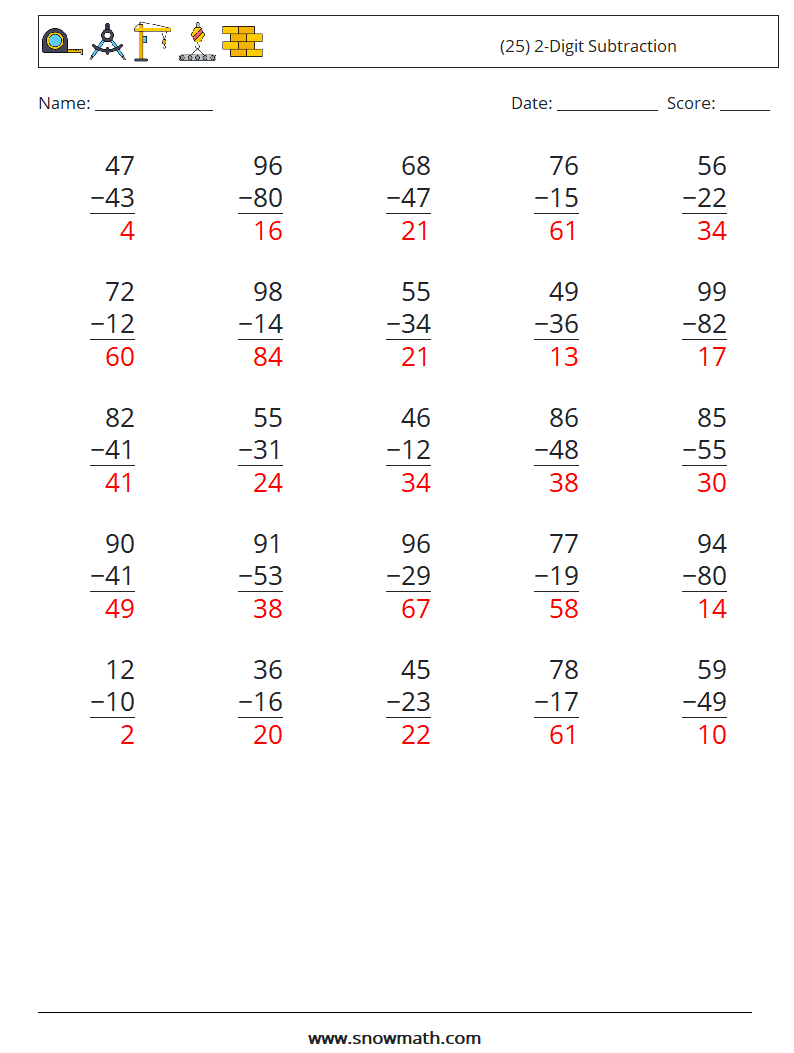 (25) 2-Digit Subtraction Math Worksheets 18 Question, Answer