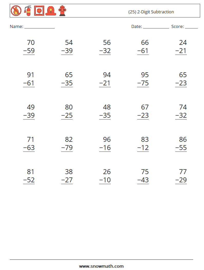 (25) 2-Digit Subtraction Math Worksheets 2