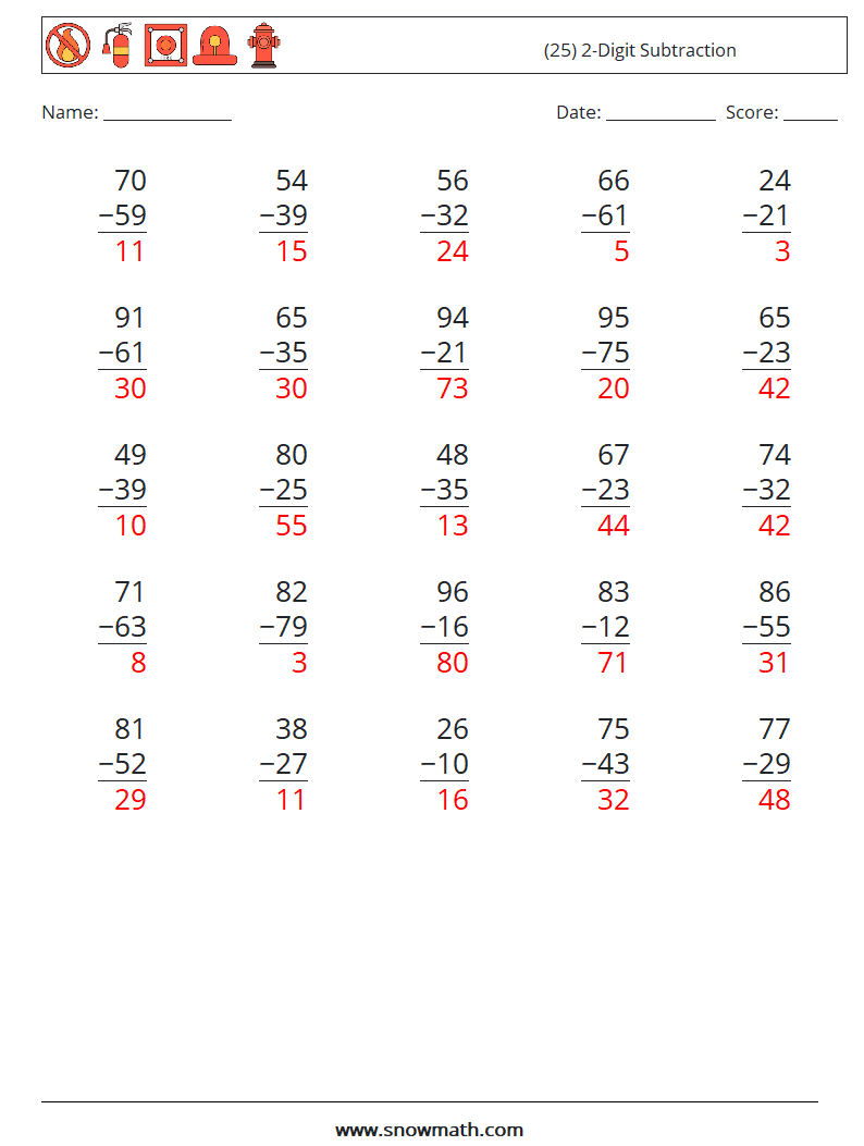 (25) 2-Digit Subtraction Math Worksheets 2 Question, Answer