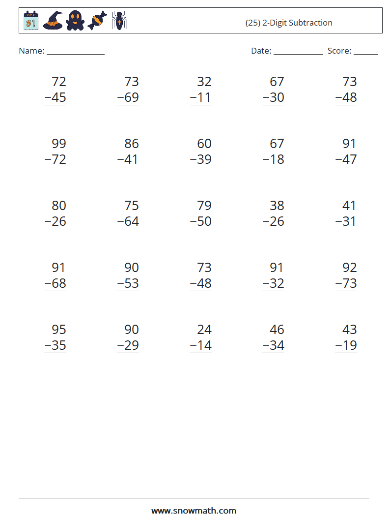 (25) 2-Digit Subtraction Math Worksheets 3