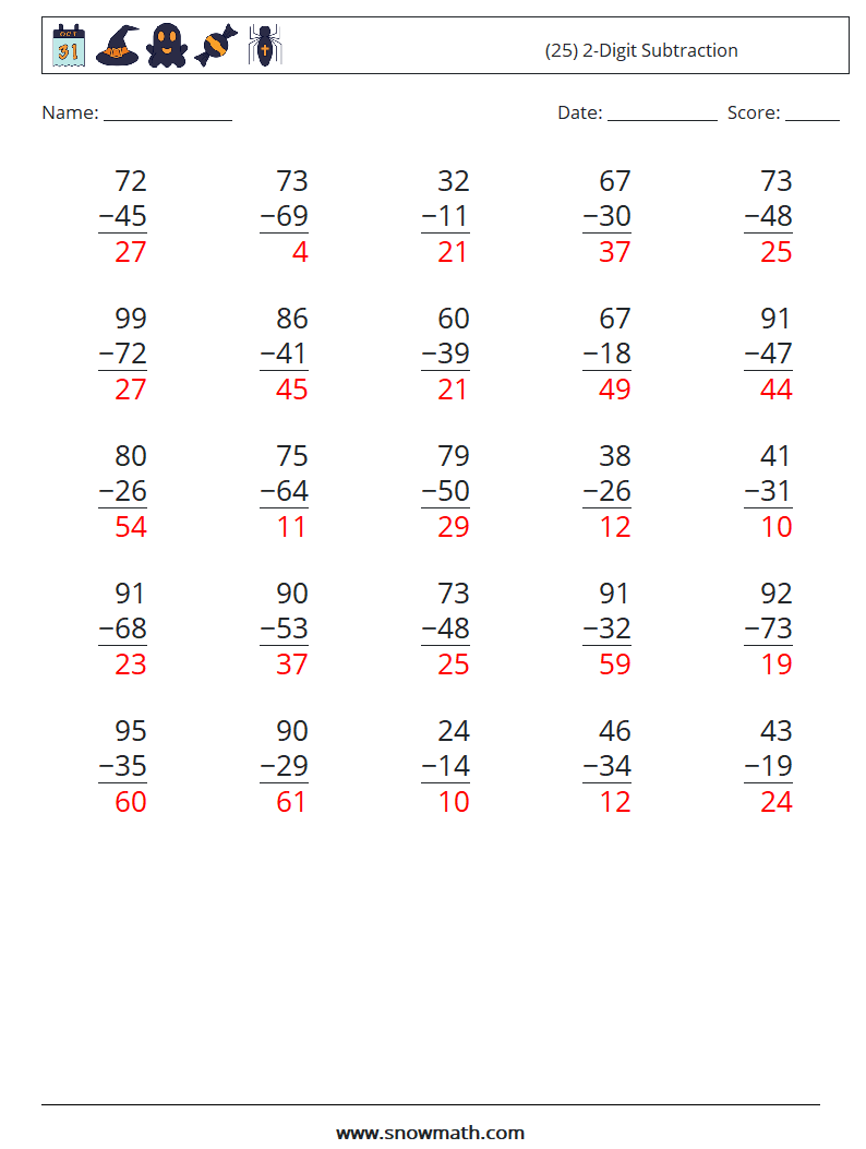 (25) 2-Digit Subtraction Math Worksheets 3 Question, Answer