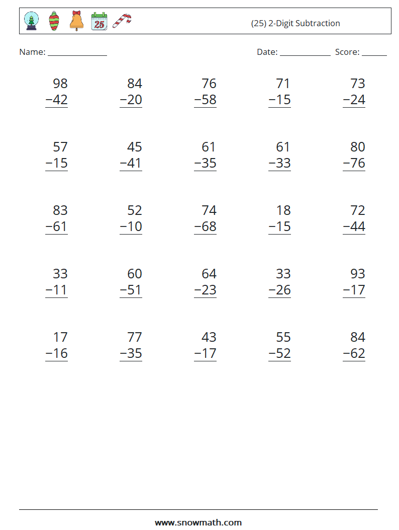 (25) 2-Digit Subtraction Maths Worksheets 4