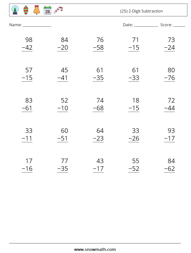 (25) 2-Digit Subtraction Math Worksheets 4