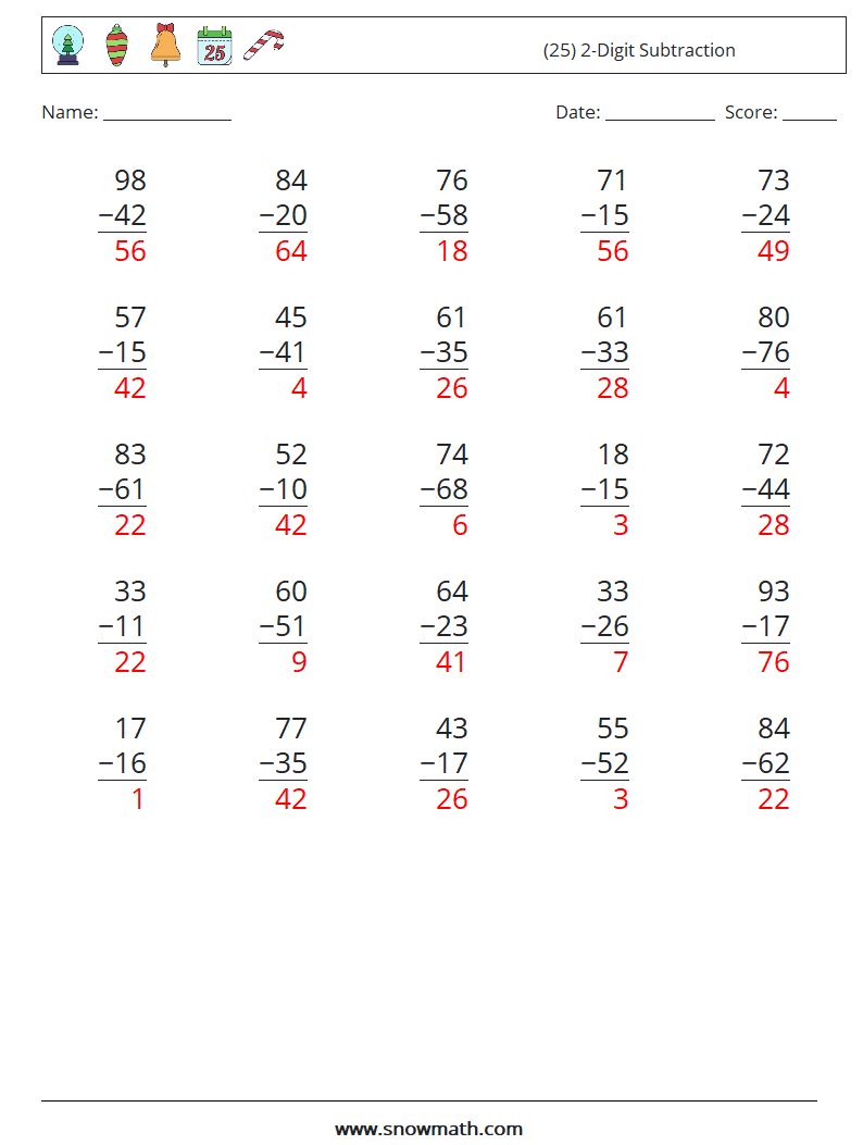 (25) 2-Digit Subtraction Math Worksheets 4 Question, Answer