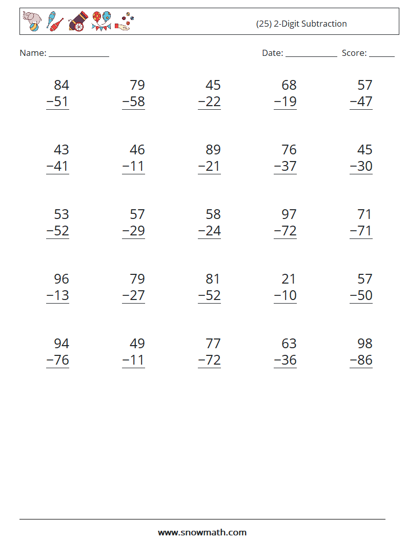 (25) 2-Digit Subtraction Math Worksheets 5