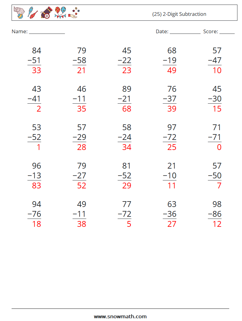 (25) 2-Digit Subtraction Math Worksheets 5 Question, Answer