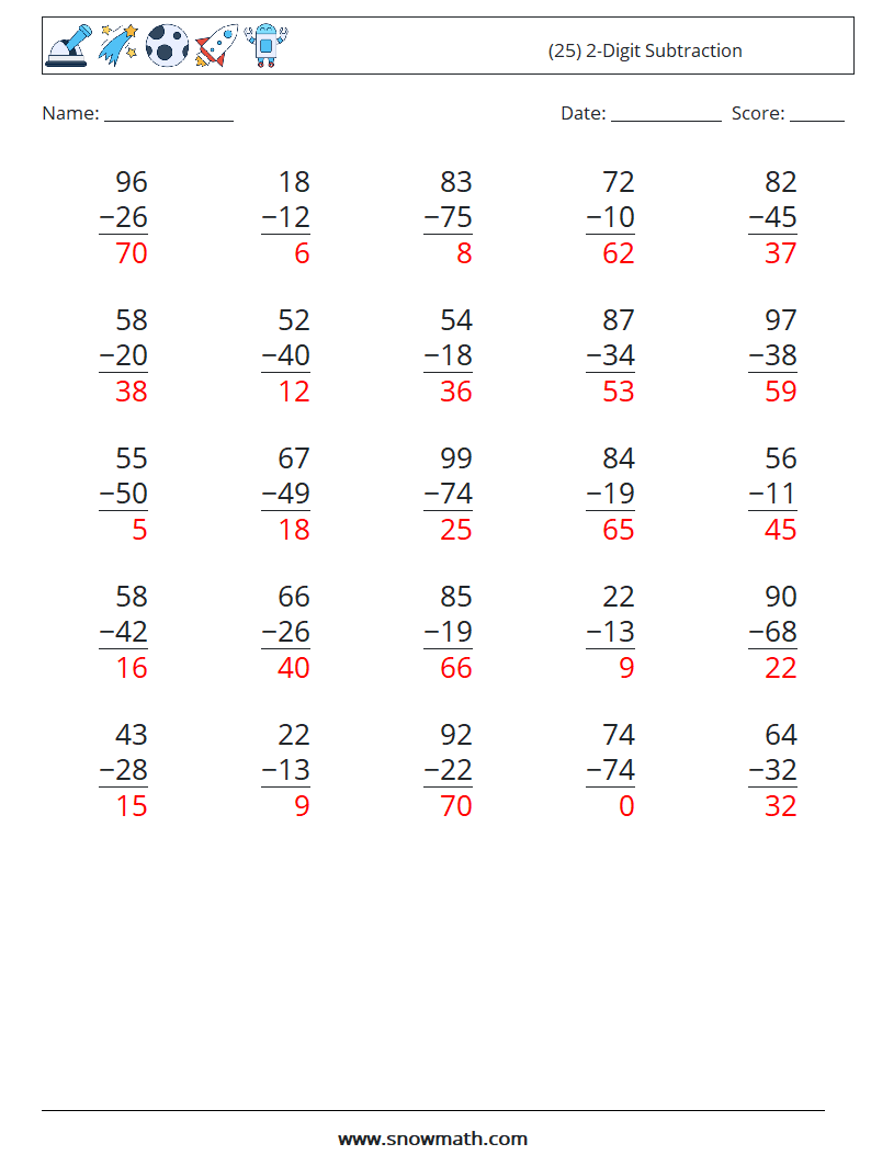 (25) 2-Digit Subtraction Math Worksheets 6 Question, Answer