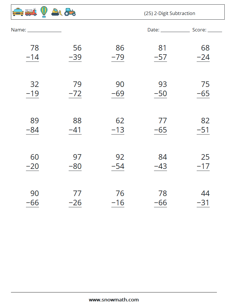 (25) 2-Digit Subtraction Math Worksheets 7