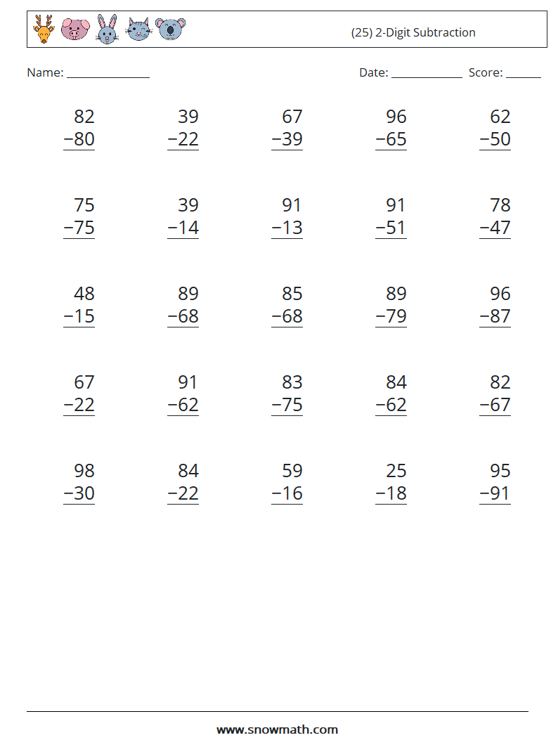 (25) 2-Digit Subtraction Maths Worksheets 8