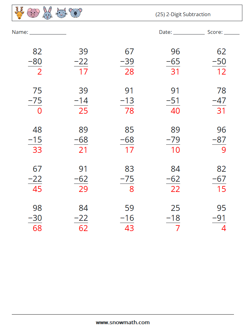 (25) 2-Digit Subtraction Math Worksheets 8 Question, Answer