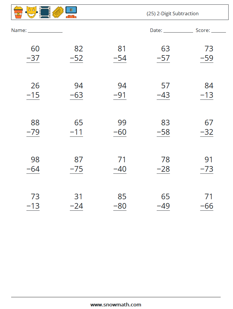 (25) 2-Digit Subtraction Math Worksheets 9