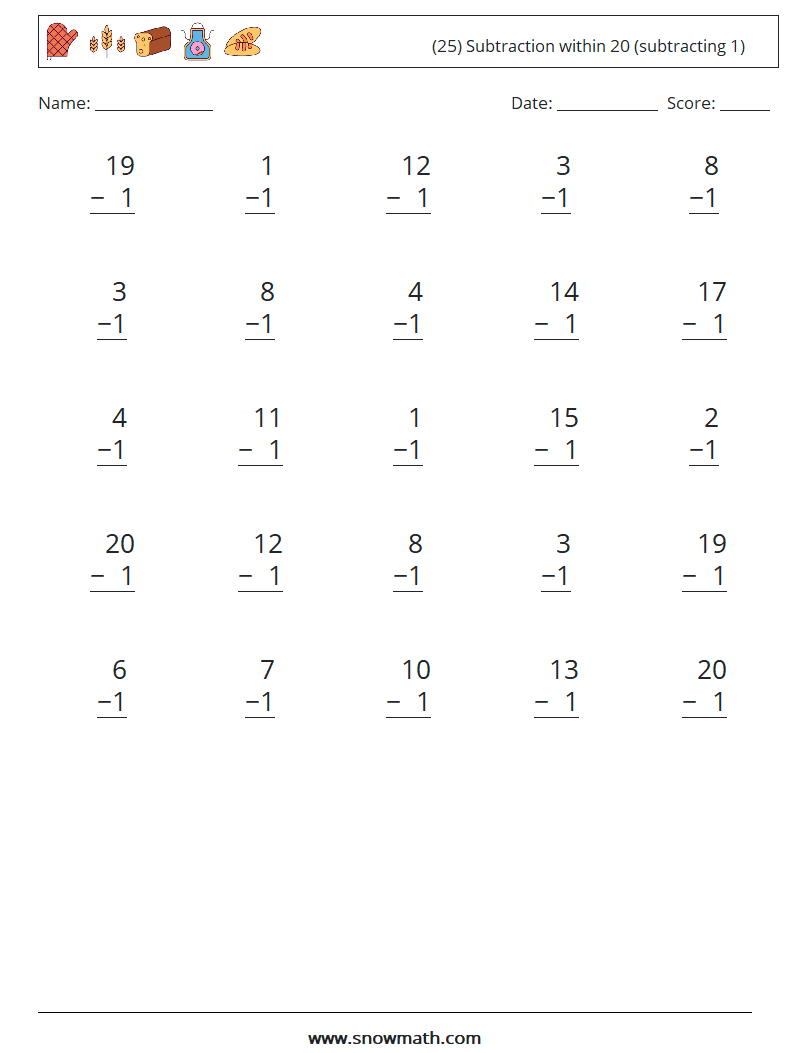 (25) Subtraction within 20 (subtracting 1) Maths Worksheets 1