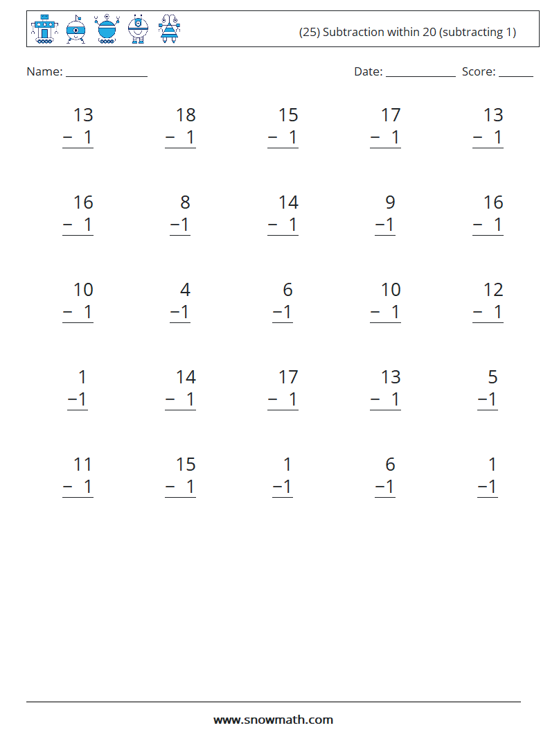 (25) Subtraction within 20 (subtracting 1) Math Worksheets 10