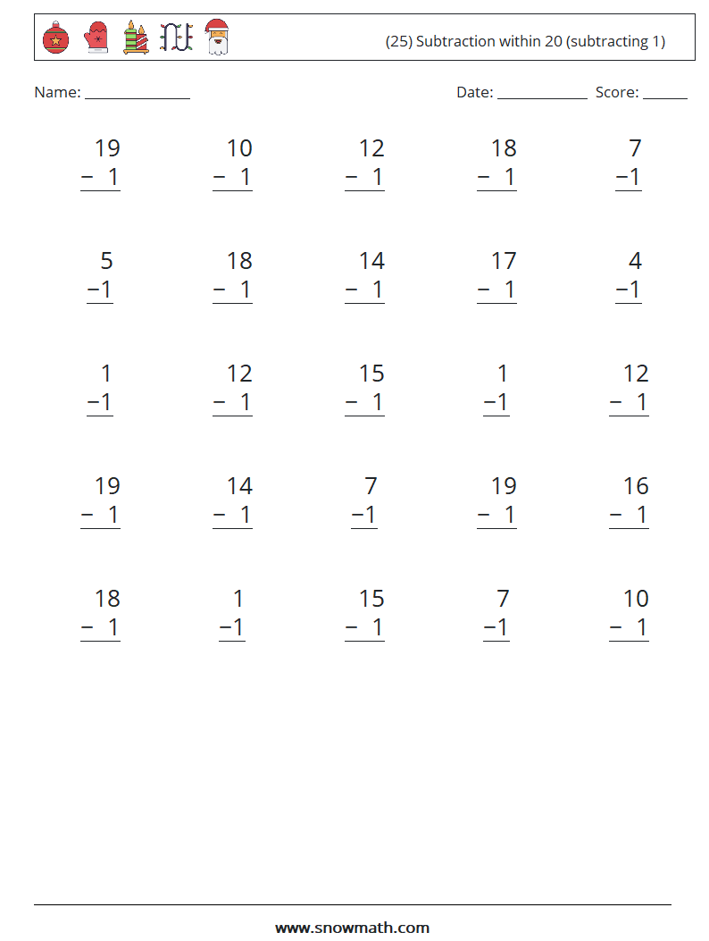 (25) Subtraction within 20 (subtracting 1) Maths Worksheets 11