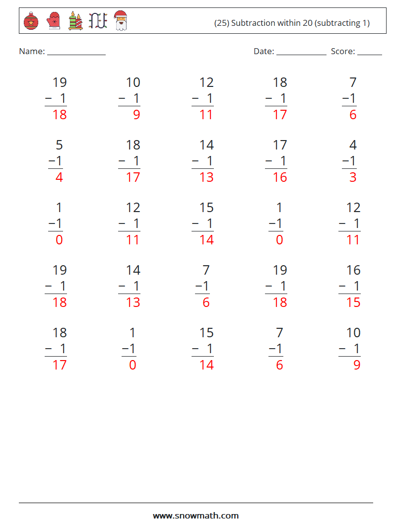 (25) Subtraction within 20 (subtracting 1) Math Worksheets 11 Question, Answer