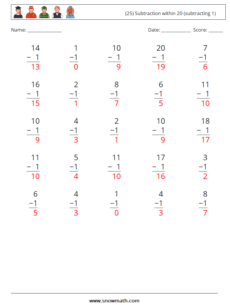 (25) Subtraction within 20 (subtracting 1) Math Worksheets 12 Question, Answer