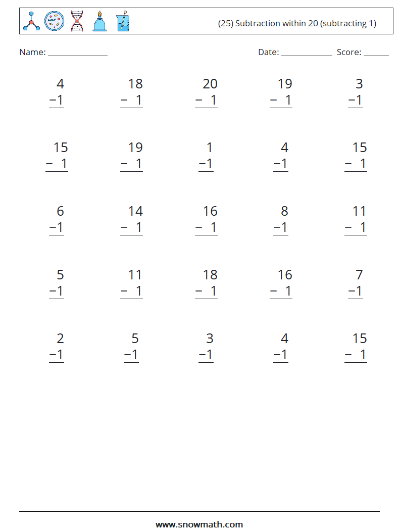 (25) Subtraction within 20 (subtracting 1) Math Worksheets 13