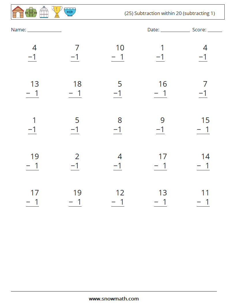 (25) Subtraction within 20 (subtracting 1) Math Worksheets 14