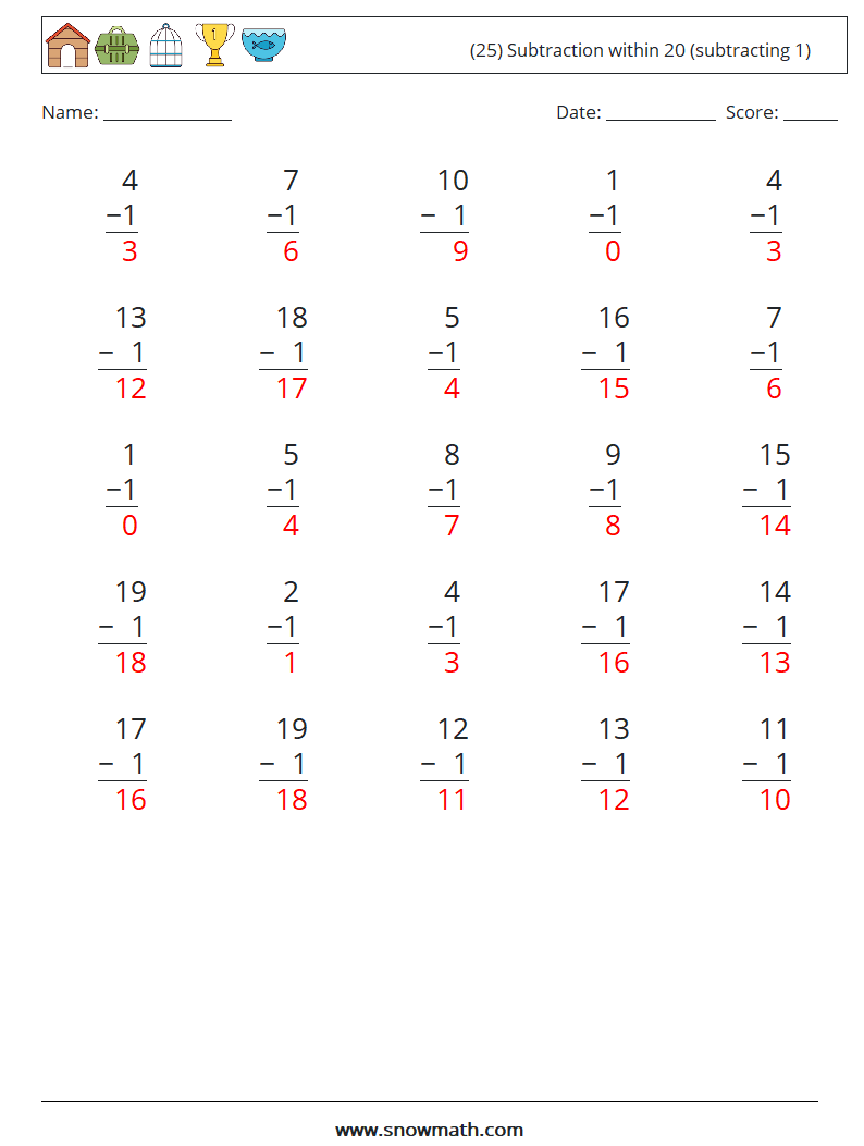 (25) Subtraction within 20 (subtracting 1) Math Worksheets 14 Question, Answer