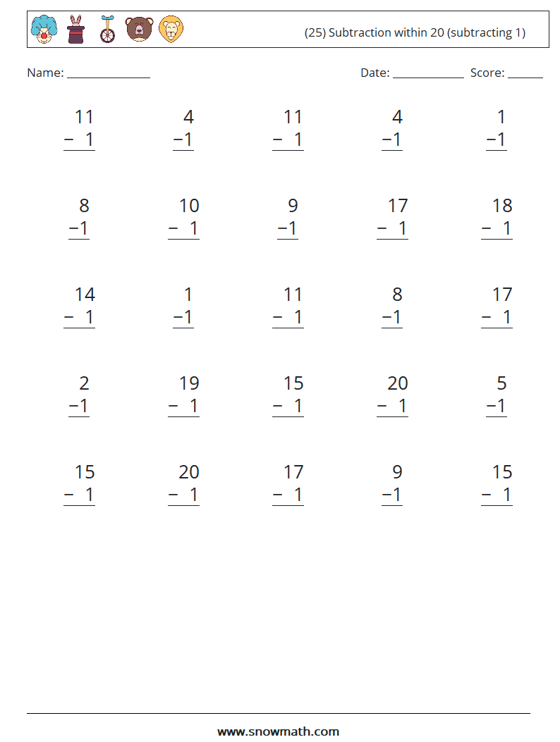 (25) Subtraction within 20 (subtracting 1) Math Worksheets 15