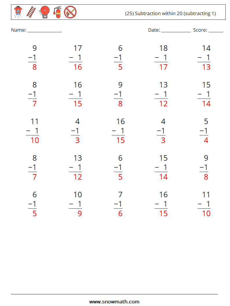 (25) Subtraction within 20 (subtracting 1) Math Worksheets 16 Question, Answer