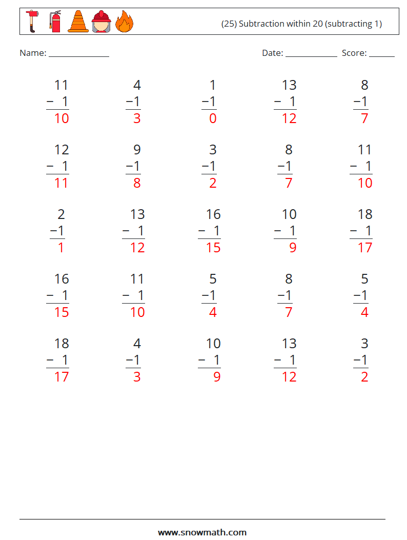 (25) Subtraction within 20 (subtracting 1) Math Worksheets 17 Question, Answer