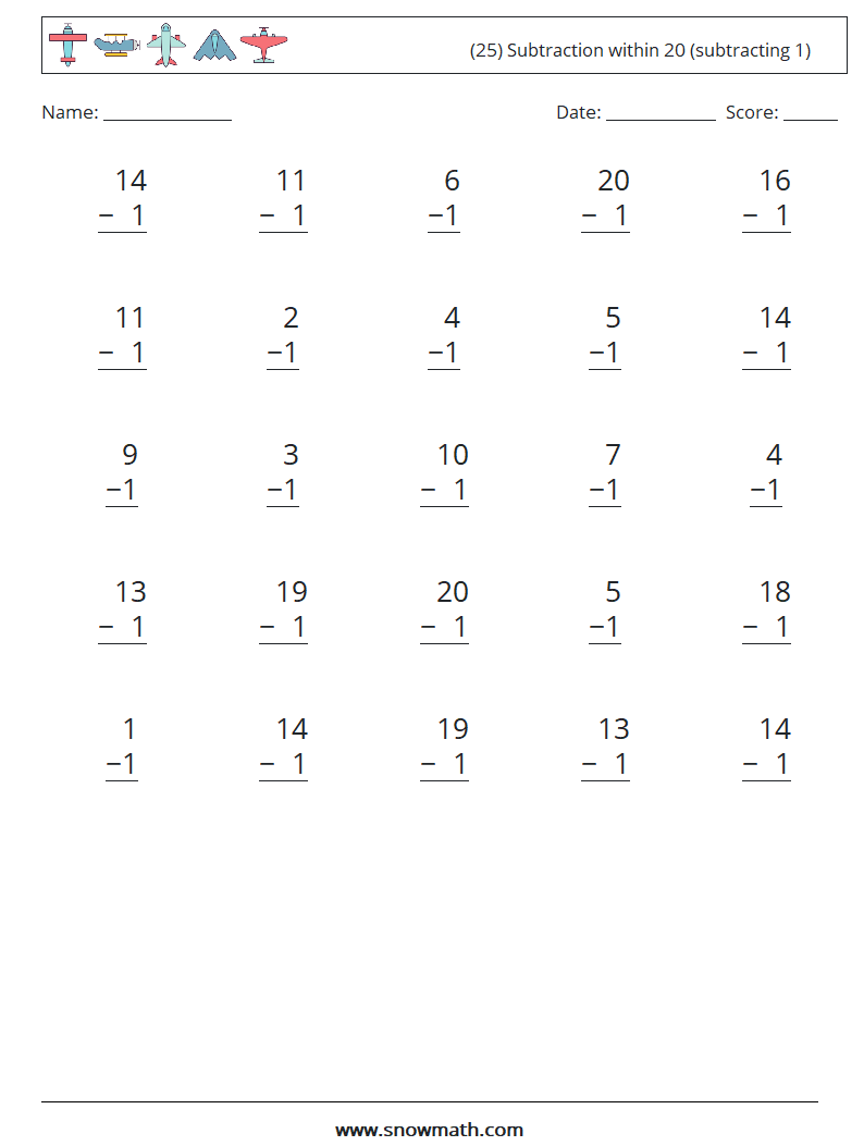 (25) Subtraction within 20 (subtracting 1) Maths Worksheets 18