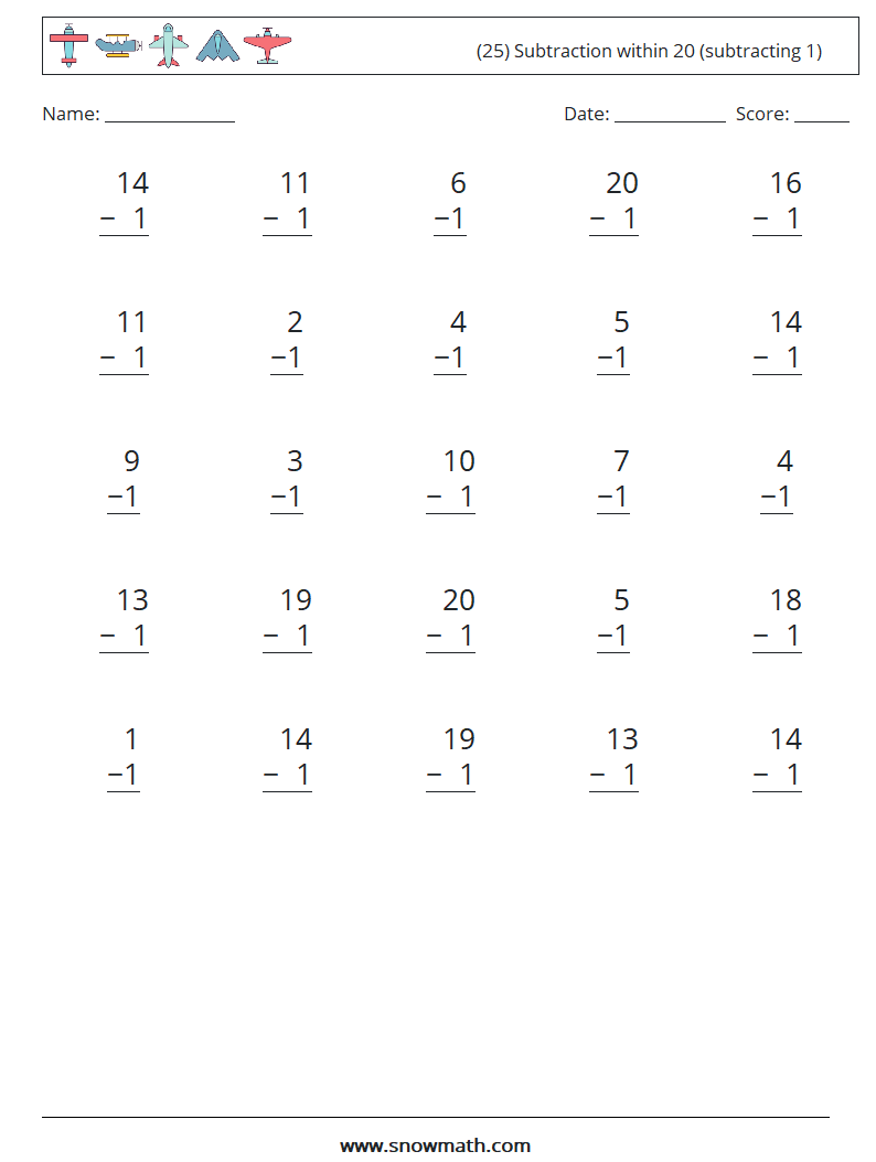 (25) Subtraction within 20 (subtracting 1) Math Worksheets 18