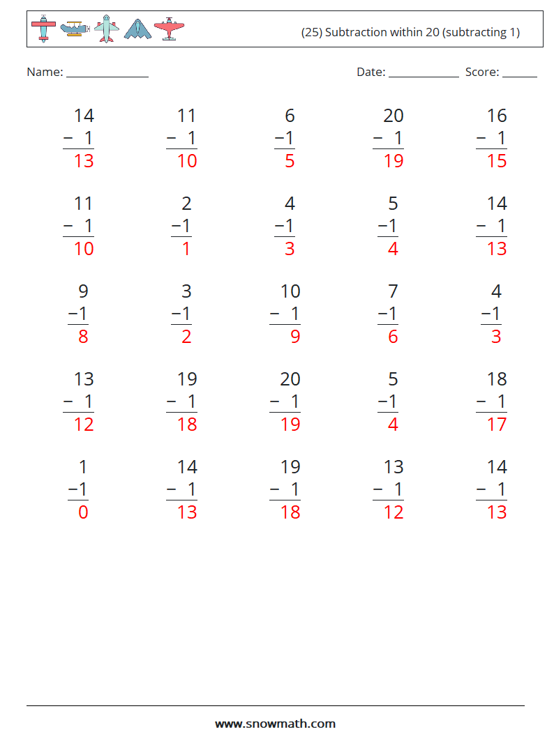 (25) Subtraction within 20 (subtracting 1) Math Worksheets 18 Question, Answer