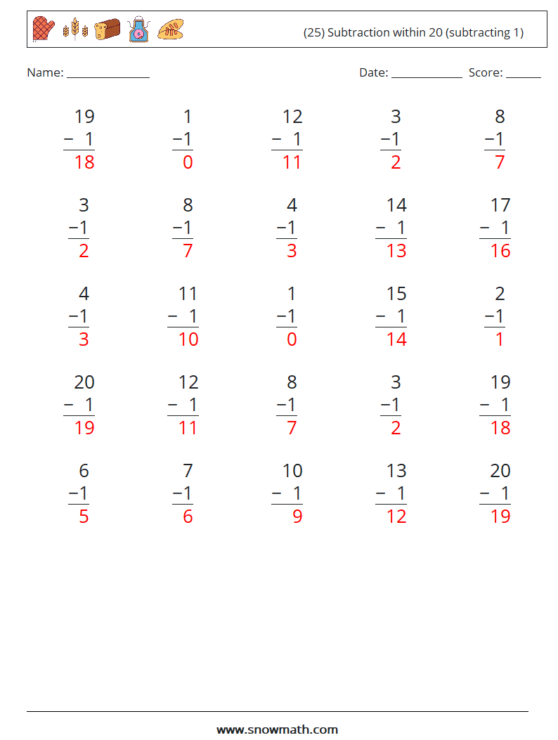 (25) Subtraction within 20 (subtracting 1) Math Worksheets 1 Question, Answer