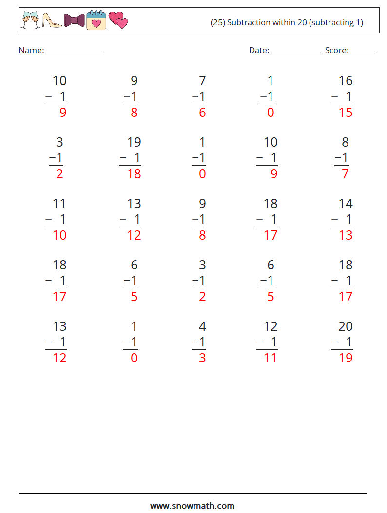 (25) Subtraction within 20 (subtracting 1) Math Worksheets 2 Question, Answer