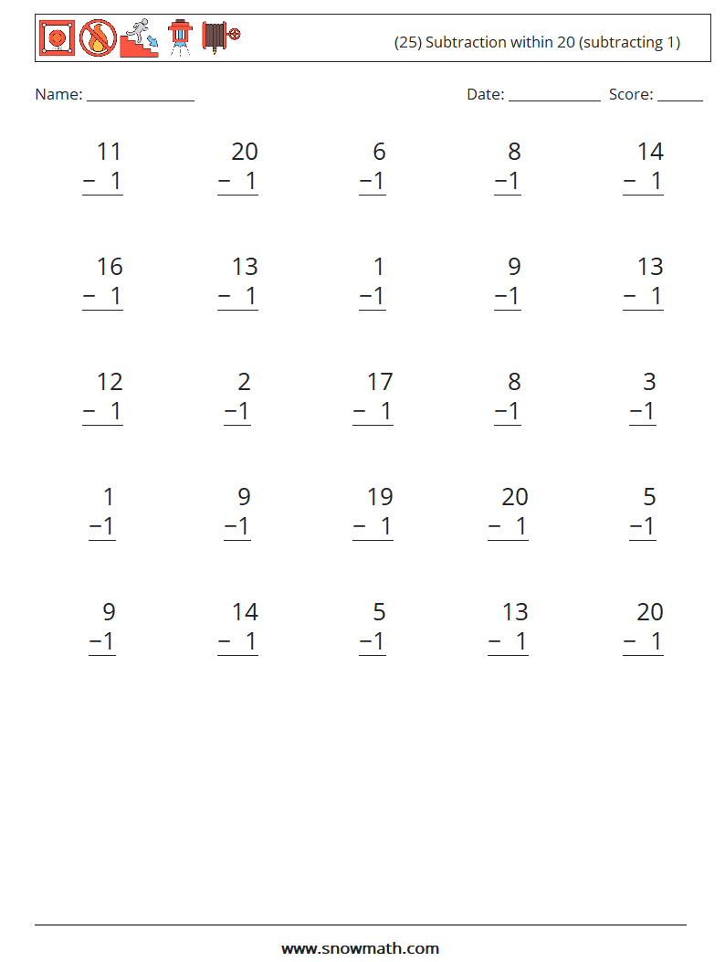 (25) Subtraction within 20 (subtracting 1) Math Worksheets 4
