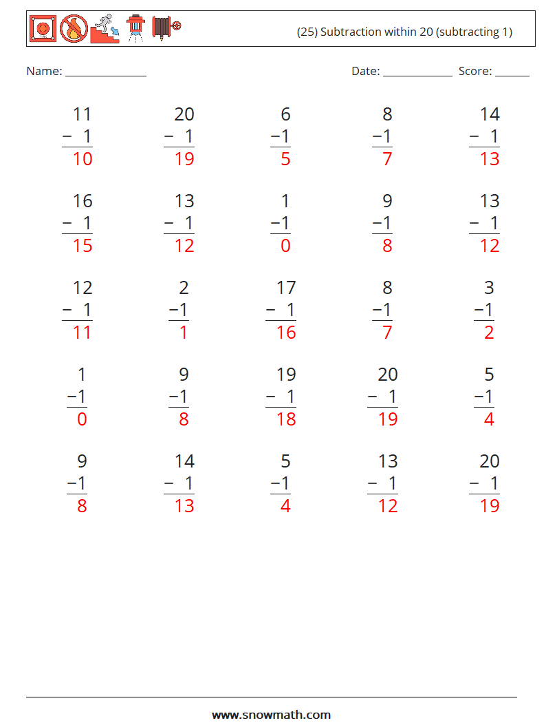 (25) Subtraction within 20 (subtracting 1) Math Worksheets 4 Question, Answer