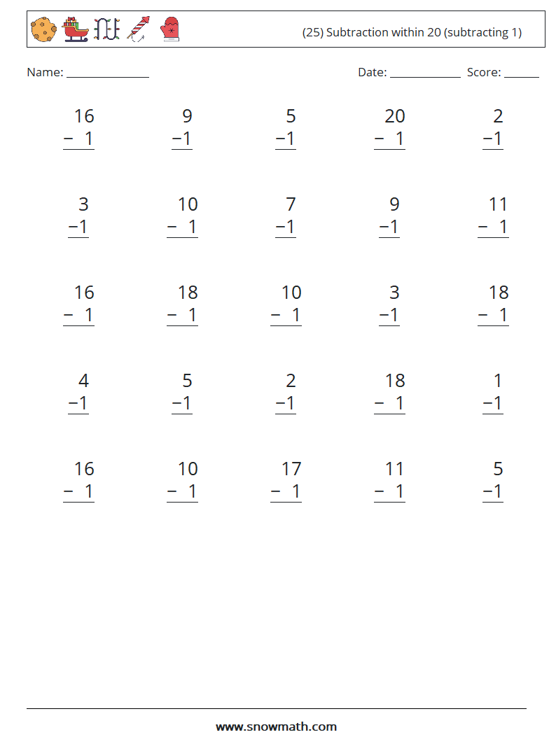 (25) Subtraction within 20 (subtracting 1) Maths Worksheets 5