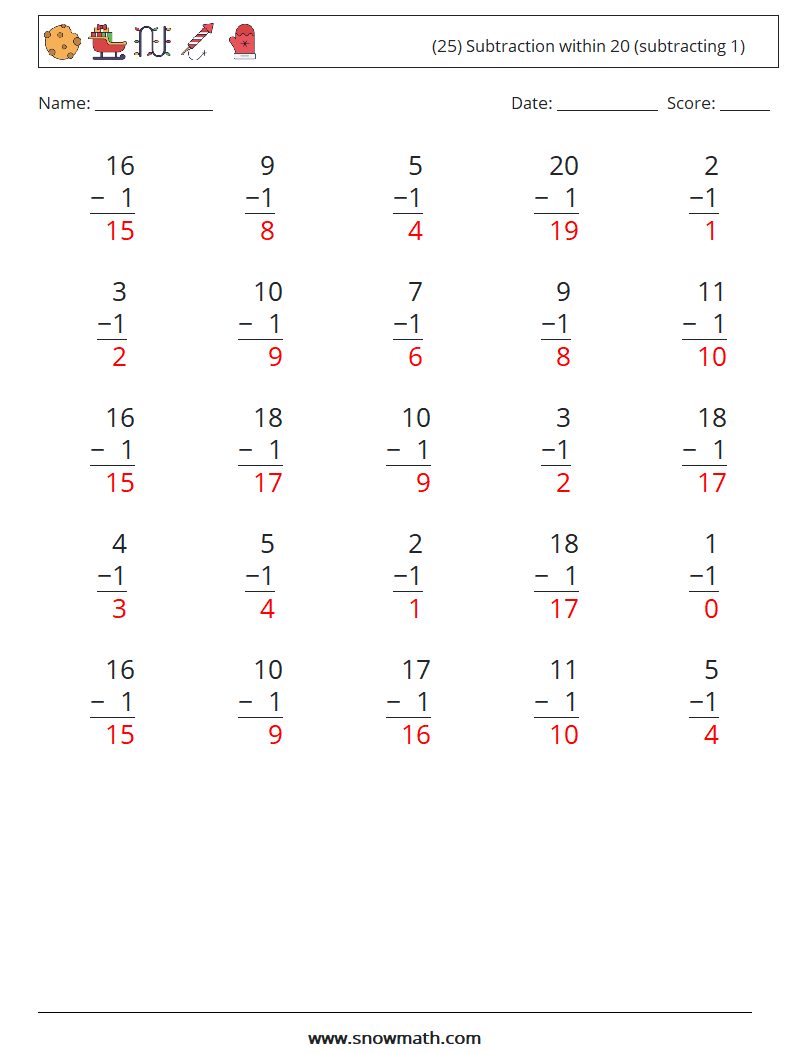 (25) Subtraction within 20 (subtracting 1) Math Worksheets 5 Question, Answer