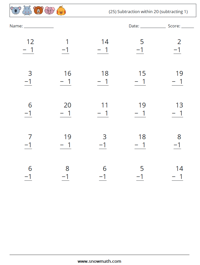(25) Subtraction within 20 (subtracting 1) Math Worksheets 6