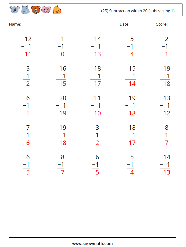 (25) Subtraction within 20 (subtracting 1) Math Worksheets 6 Question, Answer