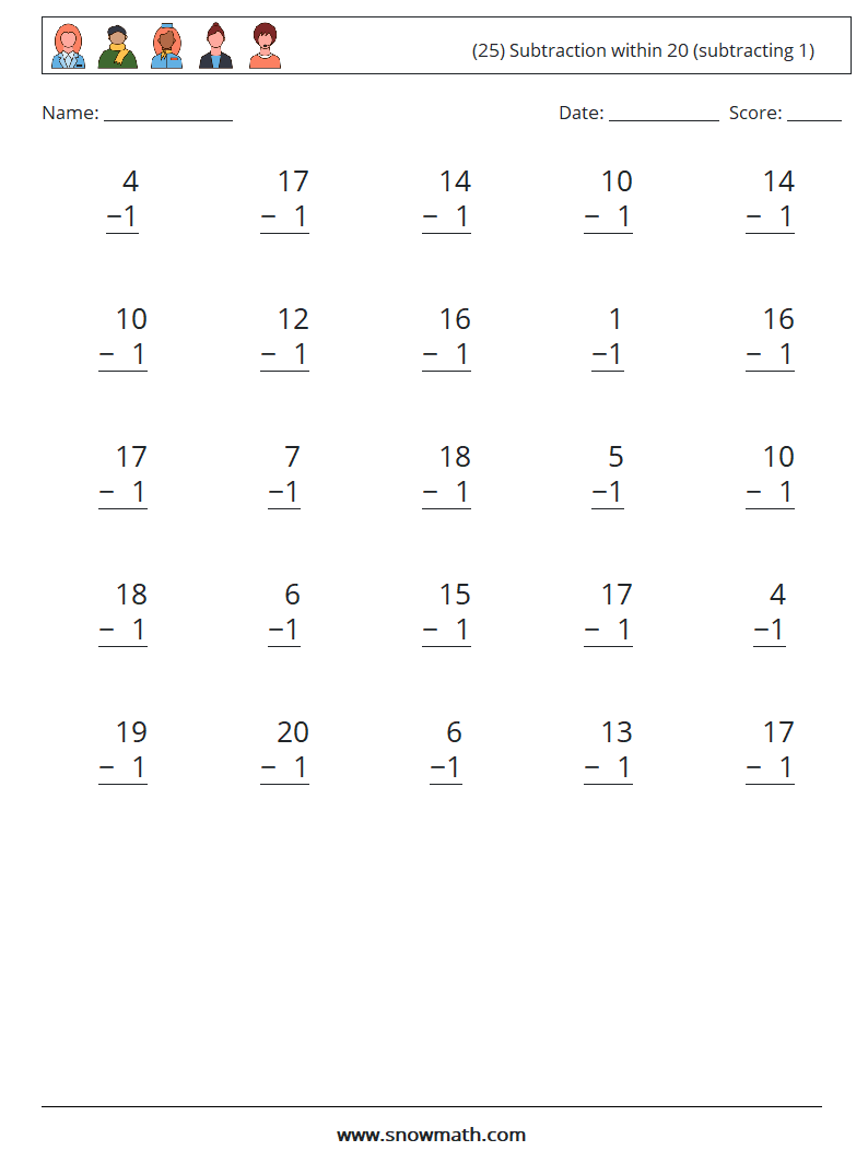 (25) Subtraction within 20 (subtracting 1) Math Worksheets 7