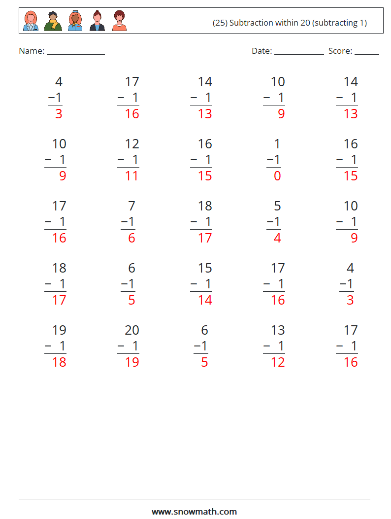 (25) Subtraction within 20 (subtracting 1) Math Worksheets 7 Question, Answer