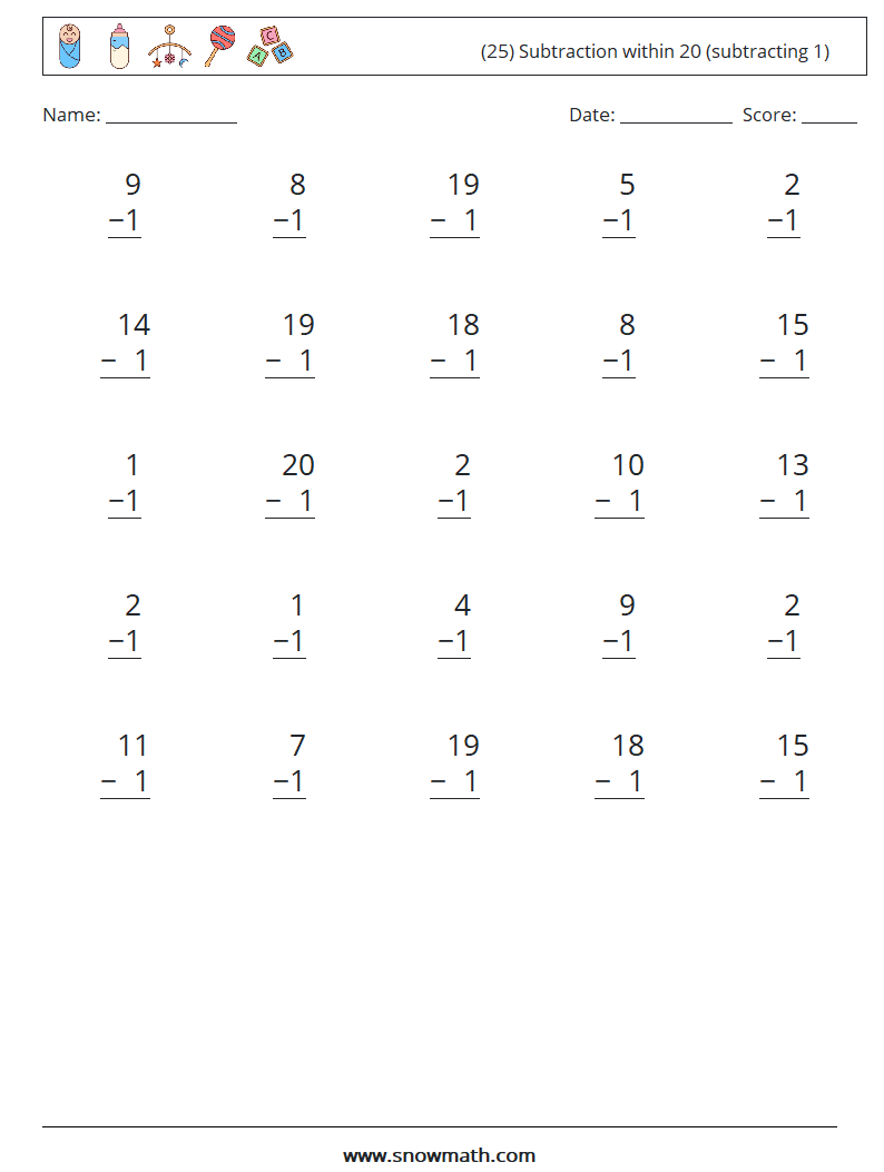 (25) Subtraction within 20 (subtracting 1) Math Worksheets 8