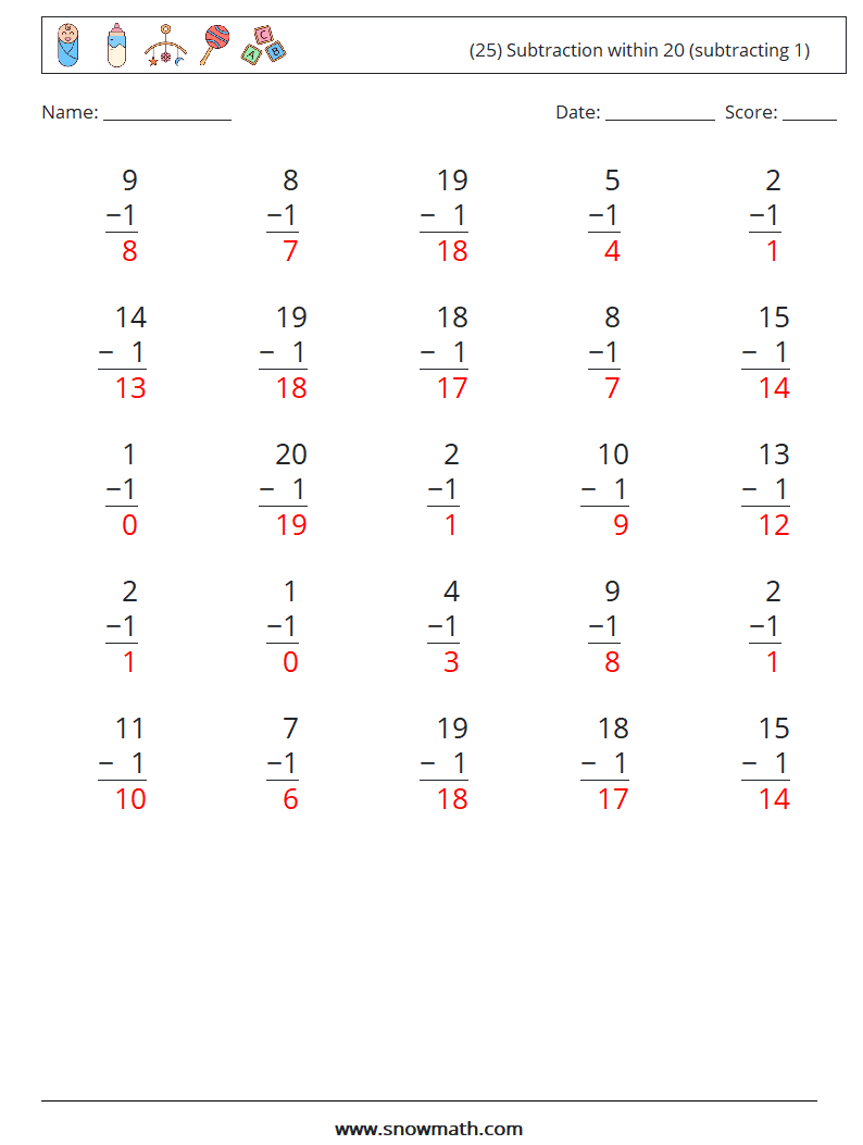 (25) Subtraction within 20 (subtracting 1) Math Worksheets 8 Question, Answer